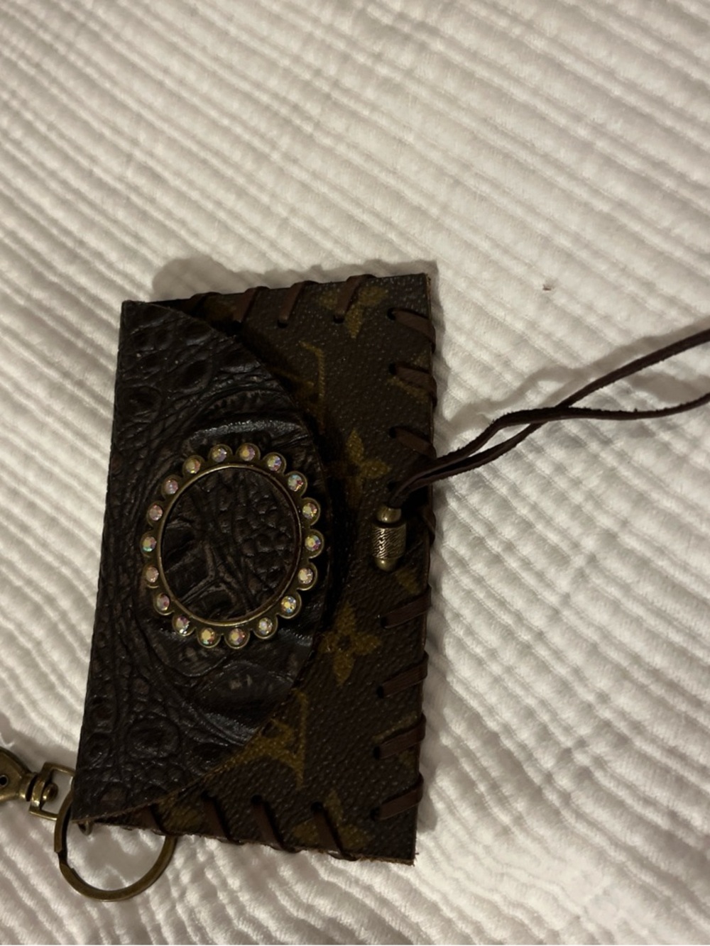 Brown Leather Keychain Card Holder with Studded Ring